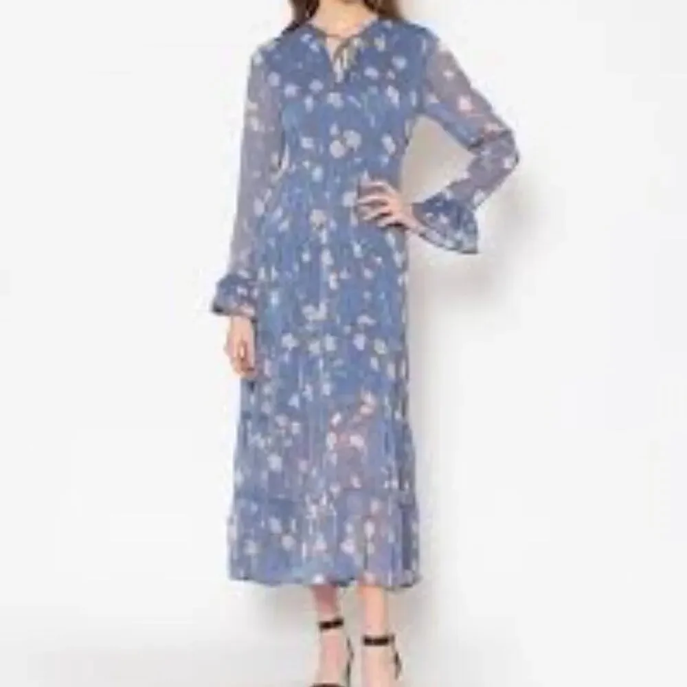 Patrons of Peace Blue Floral Bishop Sleeve Midi Semi Sheer Size M